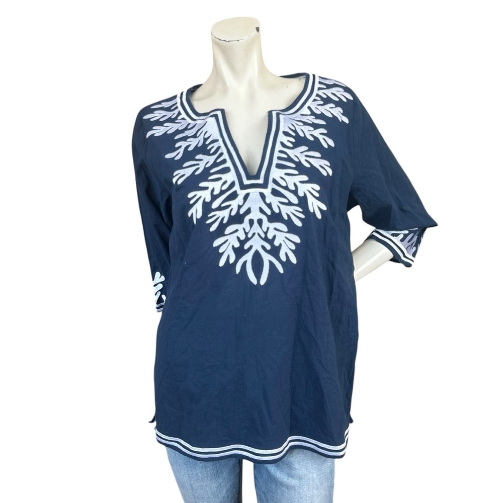 Gretchen Scott Navy Blue & White 3/4 Sleeve Cotton Coastal Tunic Top Size Large